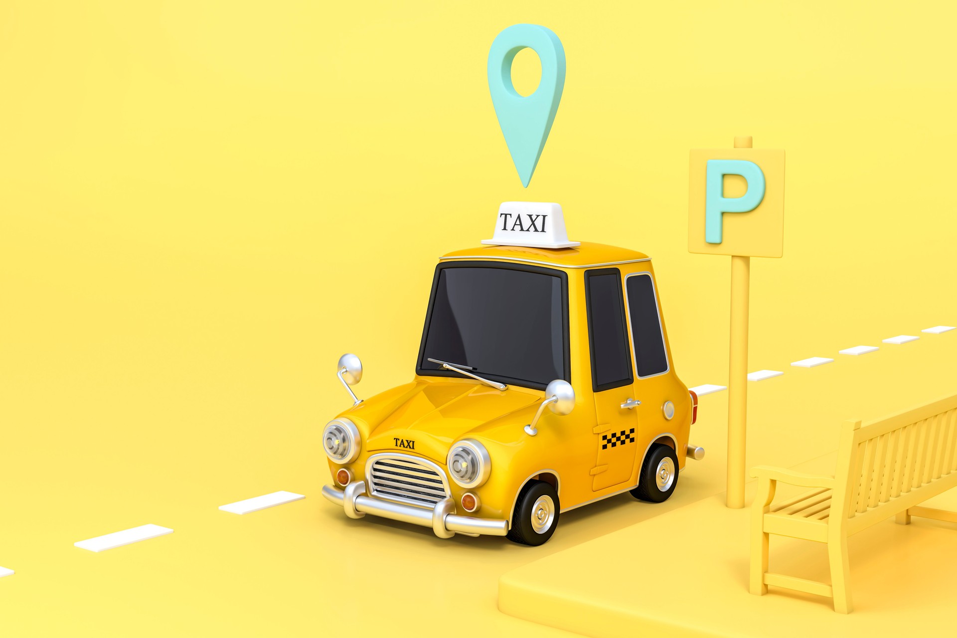 yellow cartoon taxicab with gps pointer online mobile application order taxi service